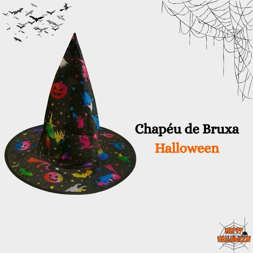 ✅️ Chapéu Fantasia com Estampa Colorida – Acessório Temático Halloween 🎃🌙