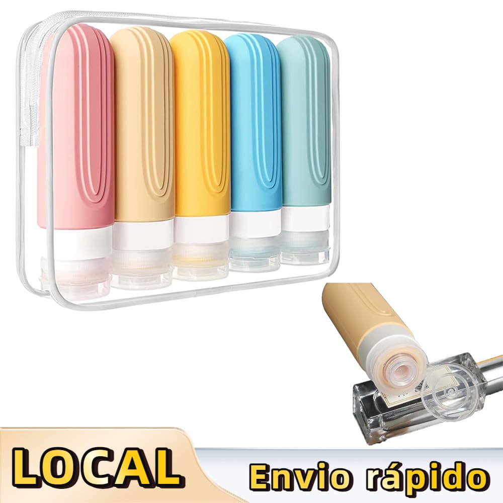 Kit de Frascos de Viagem, 5 Itens, Silicone e Plástico, com Necessaire Transparente, 90ml