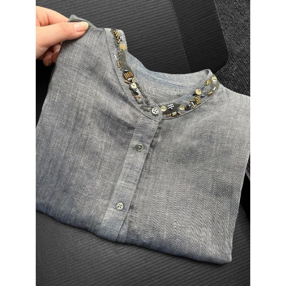 2026 novo estilo cinza camisa bordada de manga comprida feminina High-End luz luxo reduzindo a idade Wester