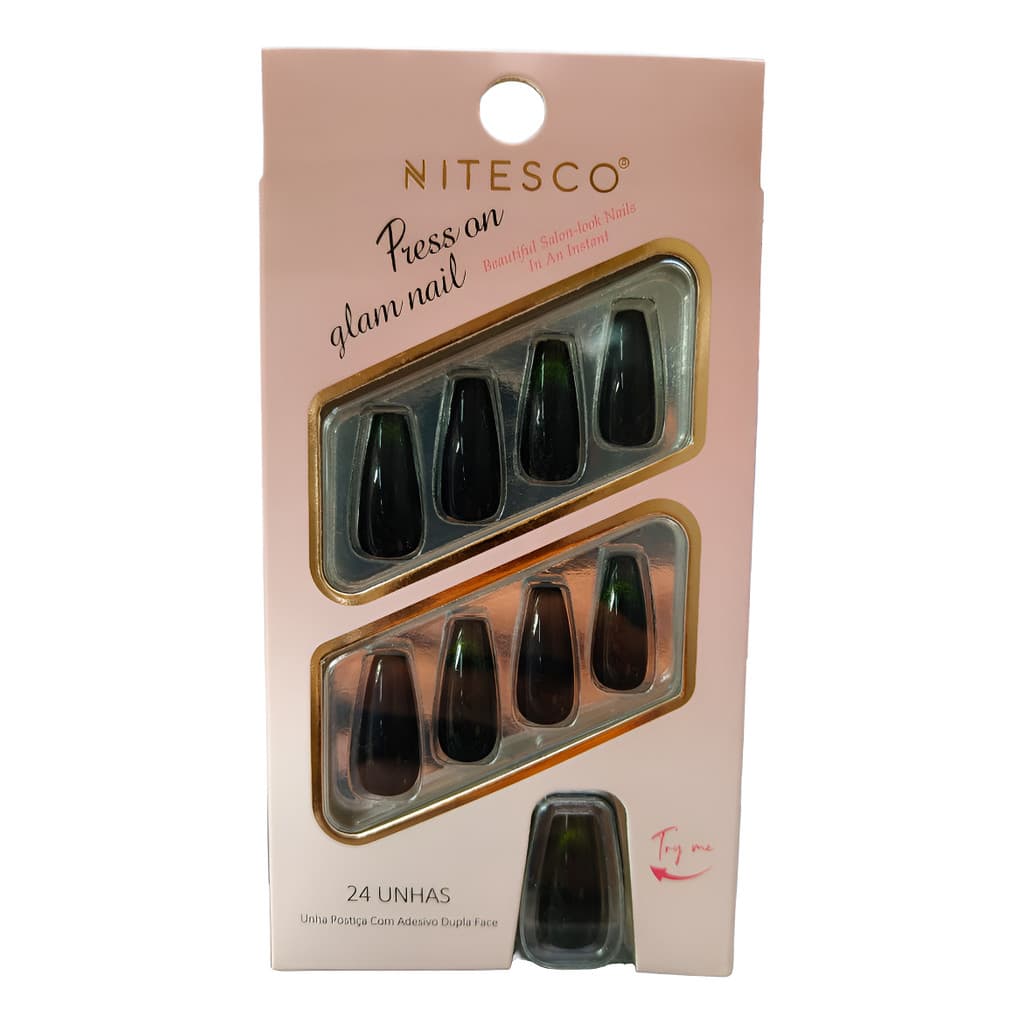 Unhas Postiças Cor Preto Alto Brilho Realista kit 24 unhas
