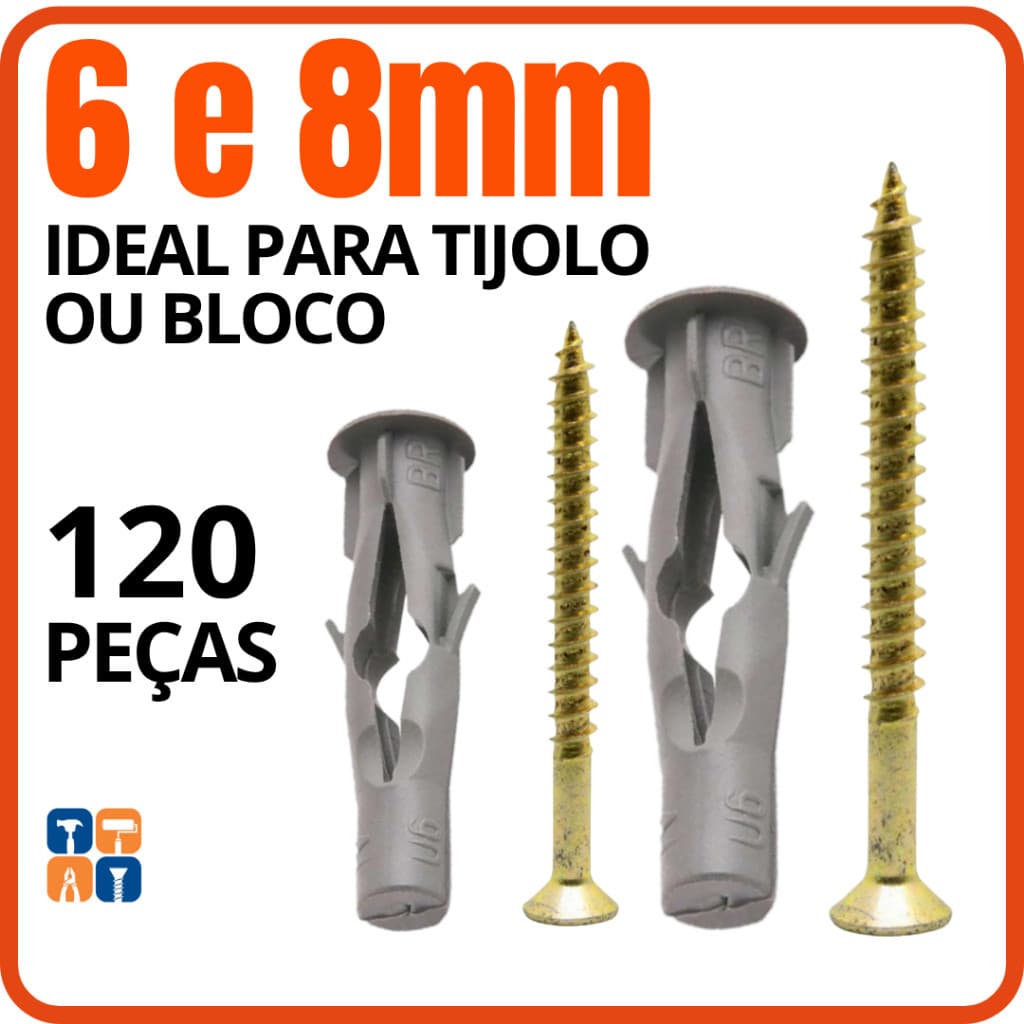 Bucha  para Tijolo Oco Baiano 120 Peças Buchas 6-8 Bloco Vazado Parafuso Combo Bucha Bloco Furado