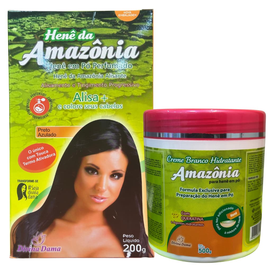 Kit Henê Da Amazônia Em Pó Preto Azulado + Creme Branco 500g