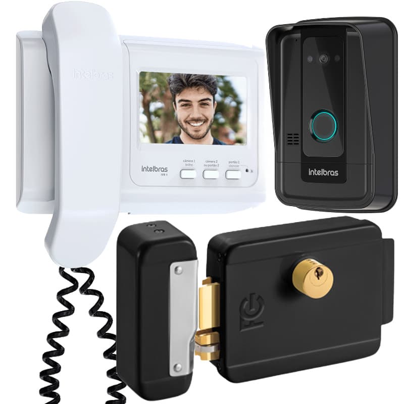Kit 1 Vídeo Porteiro Interfone IVR 4 + 1 Fechadura Preta Reversível FCFEC01N IVR4