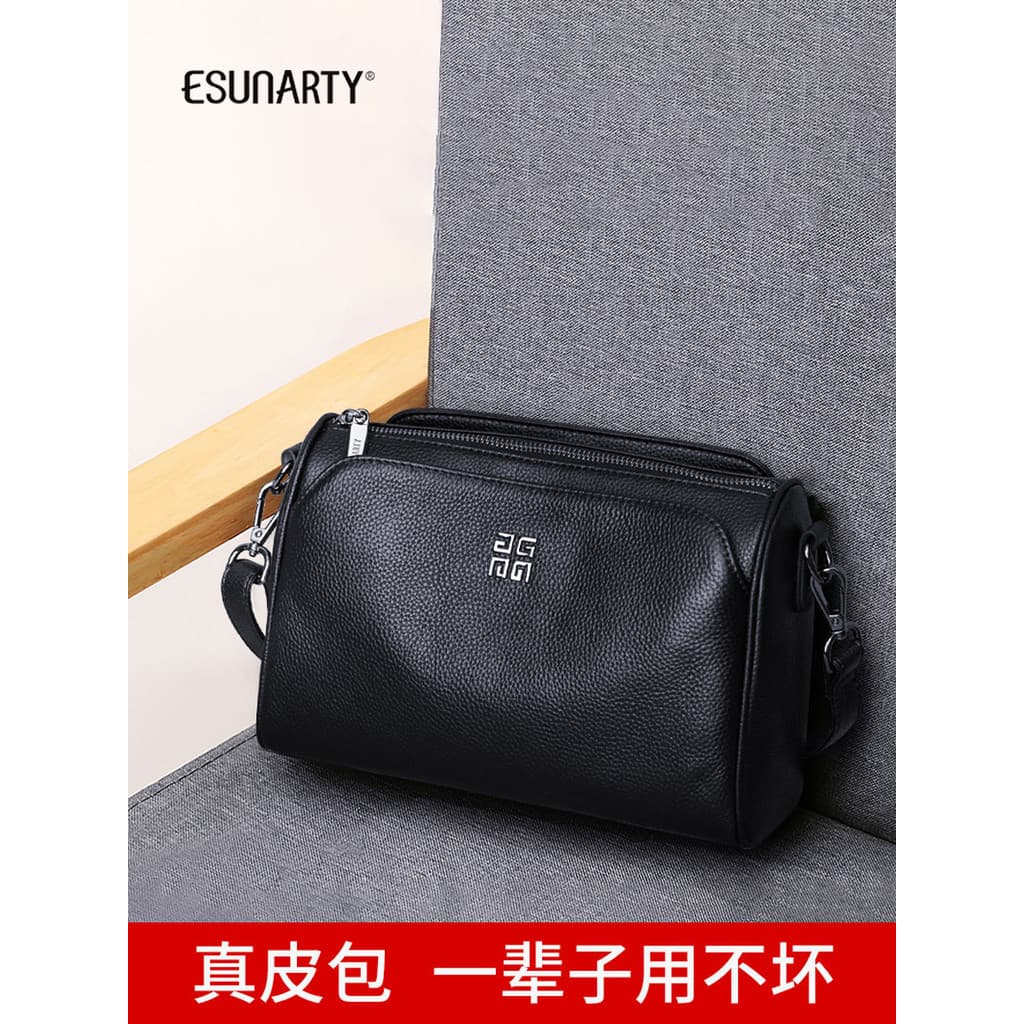 Bolsa mensageiro feminina 2026 novo estilo couro genuíno primeira camada de couro Multi-camada preto simples estilo mãe
