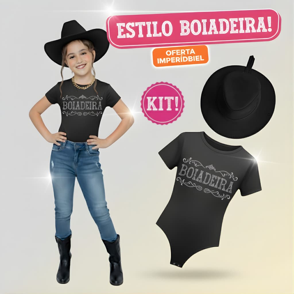 Kit Body Country Infantil Preto/Pink + Chapéu Menina Boiadeira Estampa Premium Look Rodeio e Festas