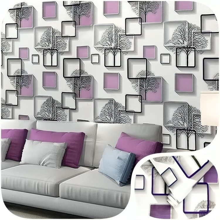 Papel De Parede Roxo moldura quadrada 3d e árvore Decoraçao Vinilico Tamanho 5m*45cm