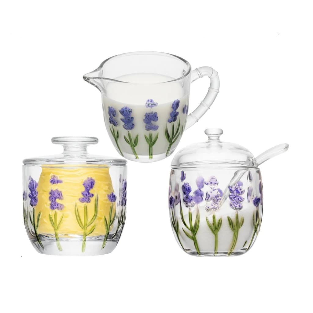 Kit Mesa Café Manteigueira Açucareiro Leiteira Cristal Lavanda Lyor Elegância Praticidade