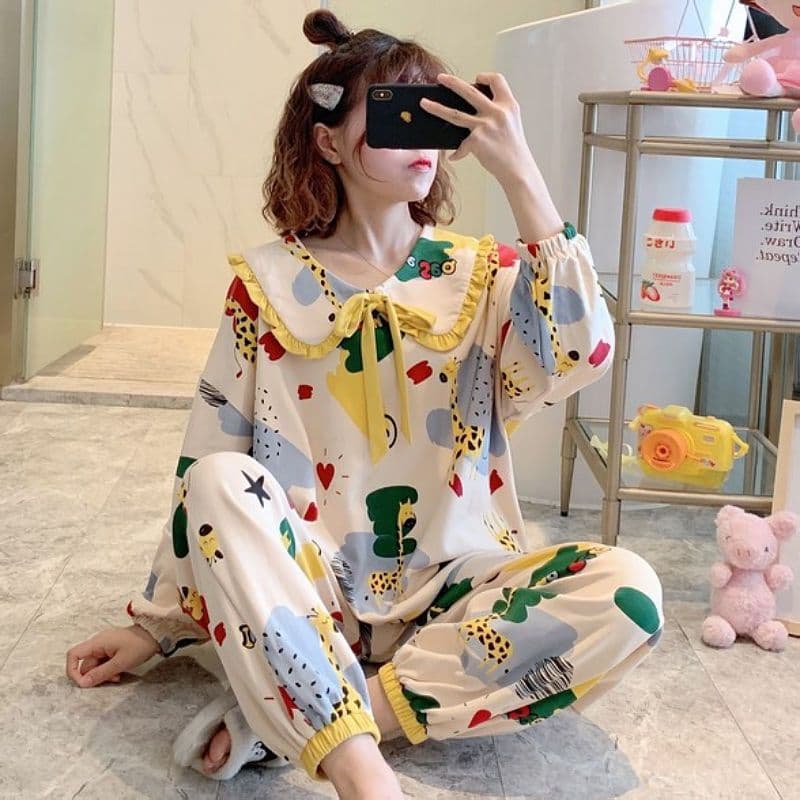 Pijamas femininos primavera outono manga comprida fino estilo princesa doce bonito inverno estudante menina Homewear ter