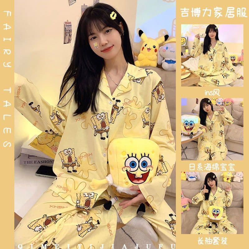 Estilo pijamas feminino outono novo estilo dos desenhos animados bonito bob esponja estudante solto de manga comprida Lo
