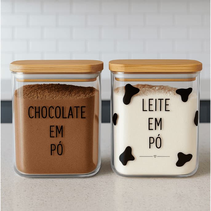 Potes Herméticos com Tampa de Bambu Para Leite em Pó e Chocolate em Pó 1,5L