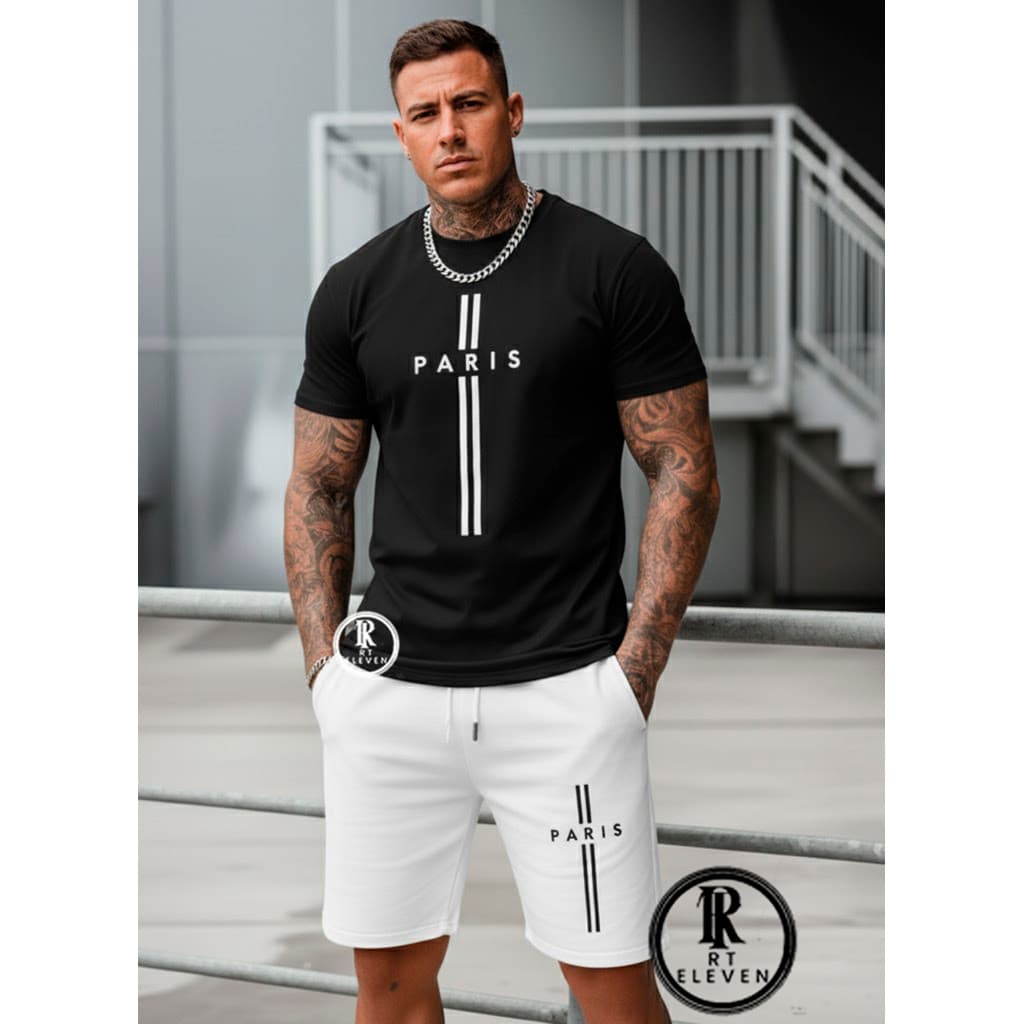 Kit Camiseta Masculina 100% Algodão + Bermuda Moletom Lançamento Estampada PARIS II  Confortavel Diversas cores Unissex
