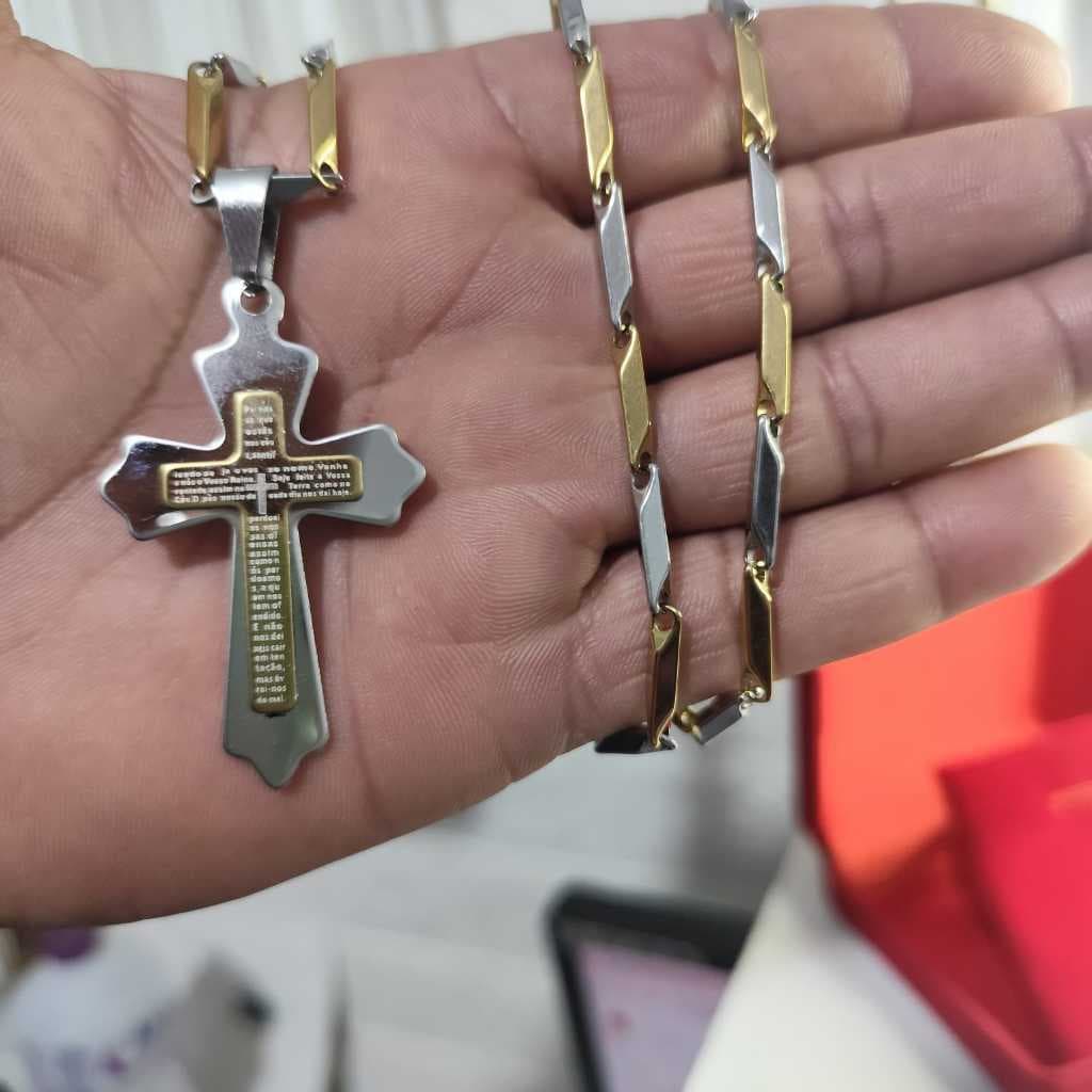 Corrente Masculina Com Pingente Cruz Crucifixo Dourada Prata Aço 316L Barato