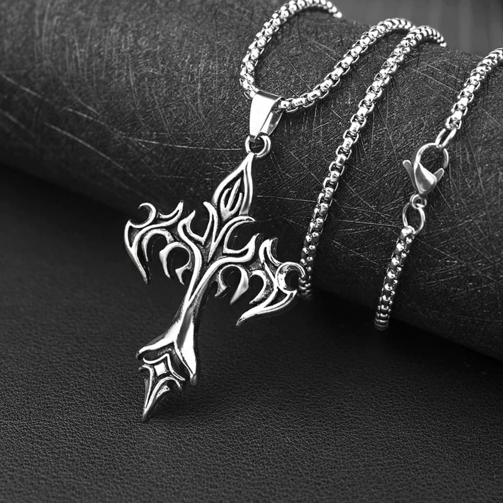 Colar De Cruz De Guerreiro – Pingente De Chama De Aço Inoxidável , Joias De Corrente Militar Ajustável