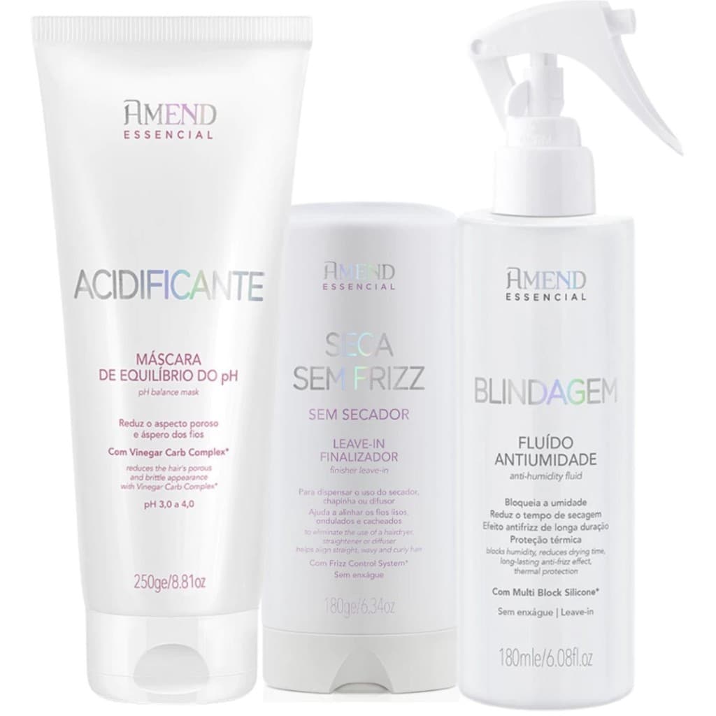 Kit Amend Seca Sem Frizz + Acidificante pH + Blindagem Capilar para Fios Perfeitos