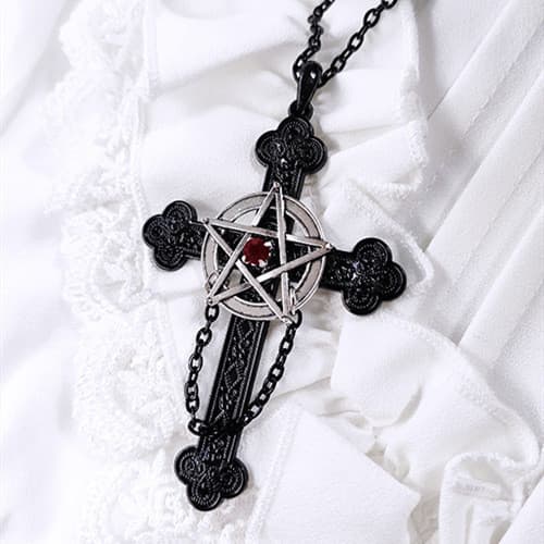 Pentagrama Gótico Cruz Negra Tassel Pingente Colar Para Homens Colares Punk Jóias