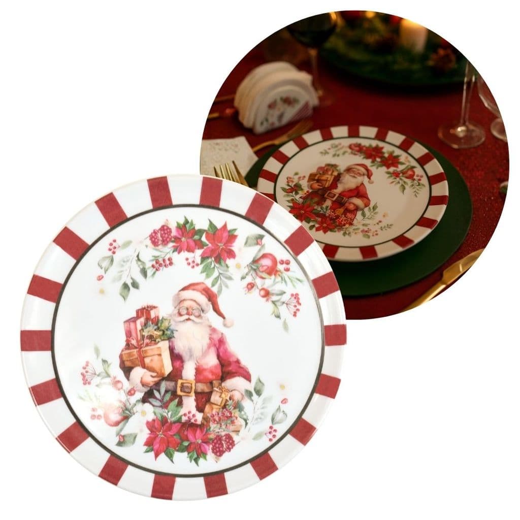 Prato de Sobremesa Natalino Melamina Papai Noel Floral Bico de Papagaio Borda Candy 20cm