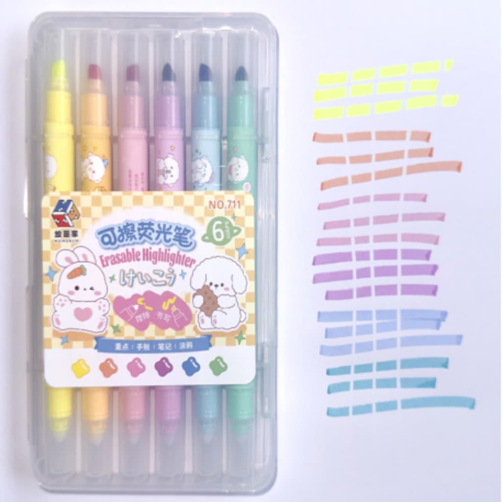 Caneta Kit com 6 Peças Marca Texto Apagável Com 6 cores duas pontas Jana
