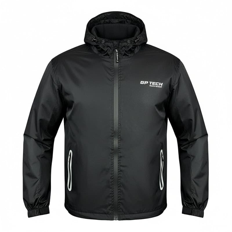 JAQUETA MOTO GP TECH LUX CASUAL MOTOCICLISTA CORTA VENTO RESISTENTE A AGUA PRETA COM TOUCA CAPUZ