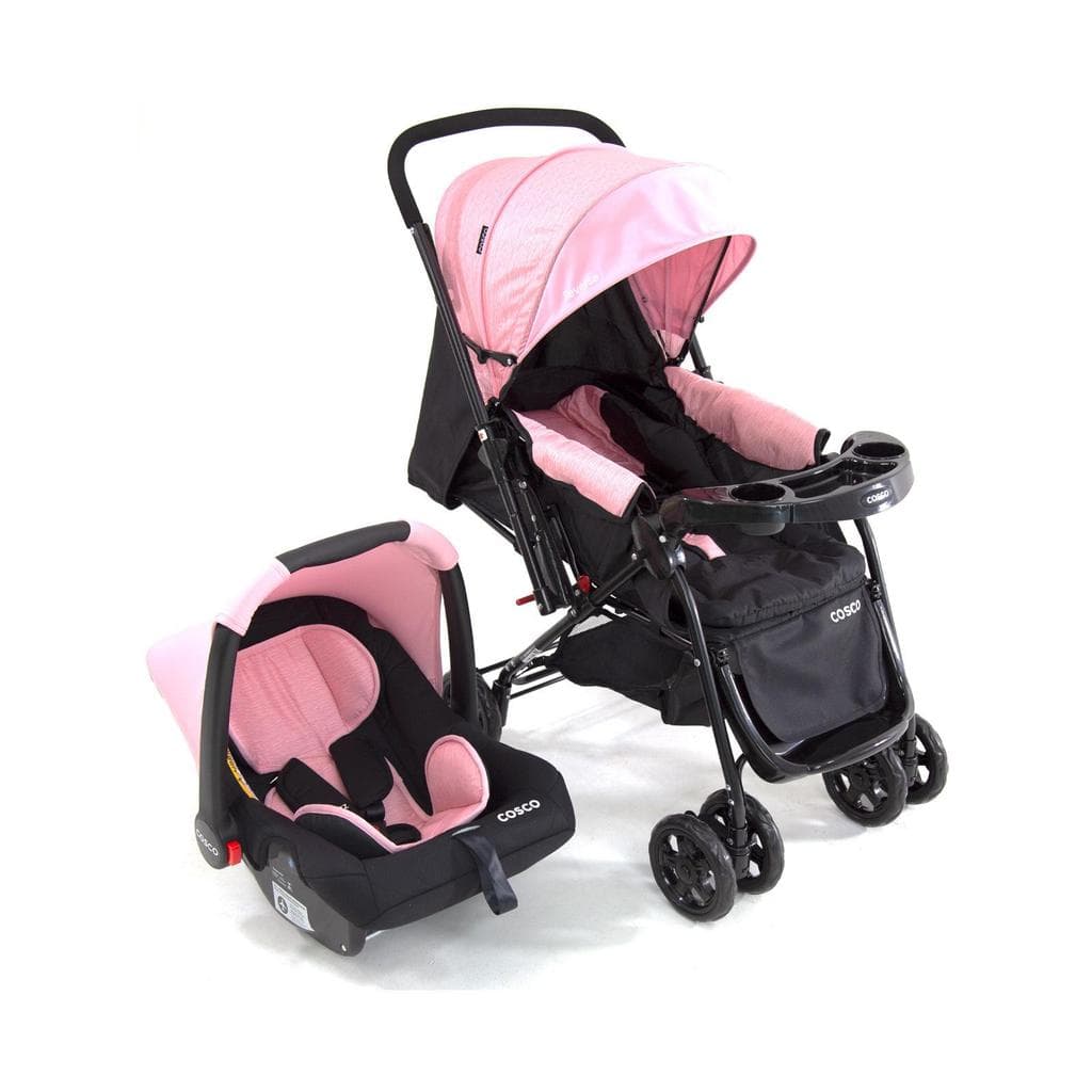 Carrinho com Bebê Conforto Cosco Kids Travel System Reverse Alça Reversível 0-15kg Rosa Rajado
