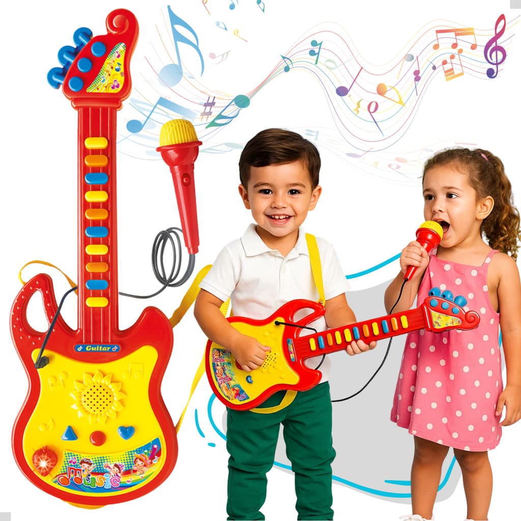 Guitarra Infantil P/ Bebês Criança Com Microfone 3 Modos Som