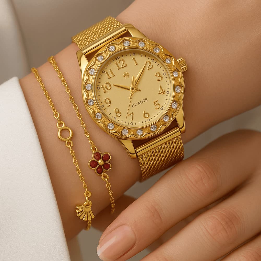 Relógio de Pulso Dourado  + Pulseira aço inoxidável Feminino Mostrador Fino Movimento Quartzo
