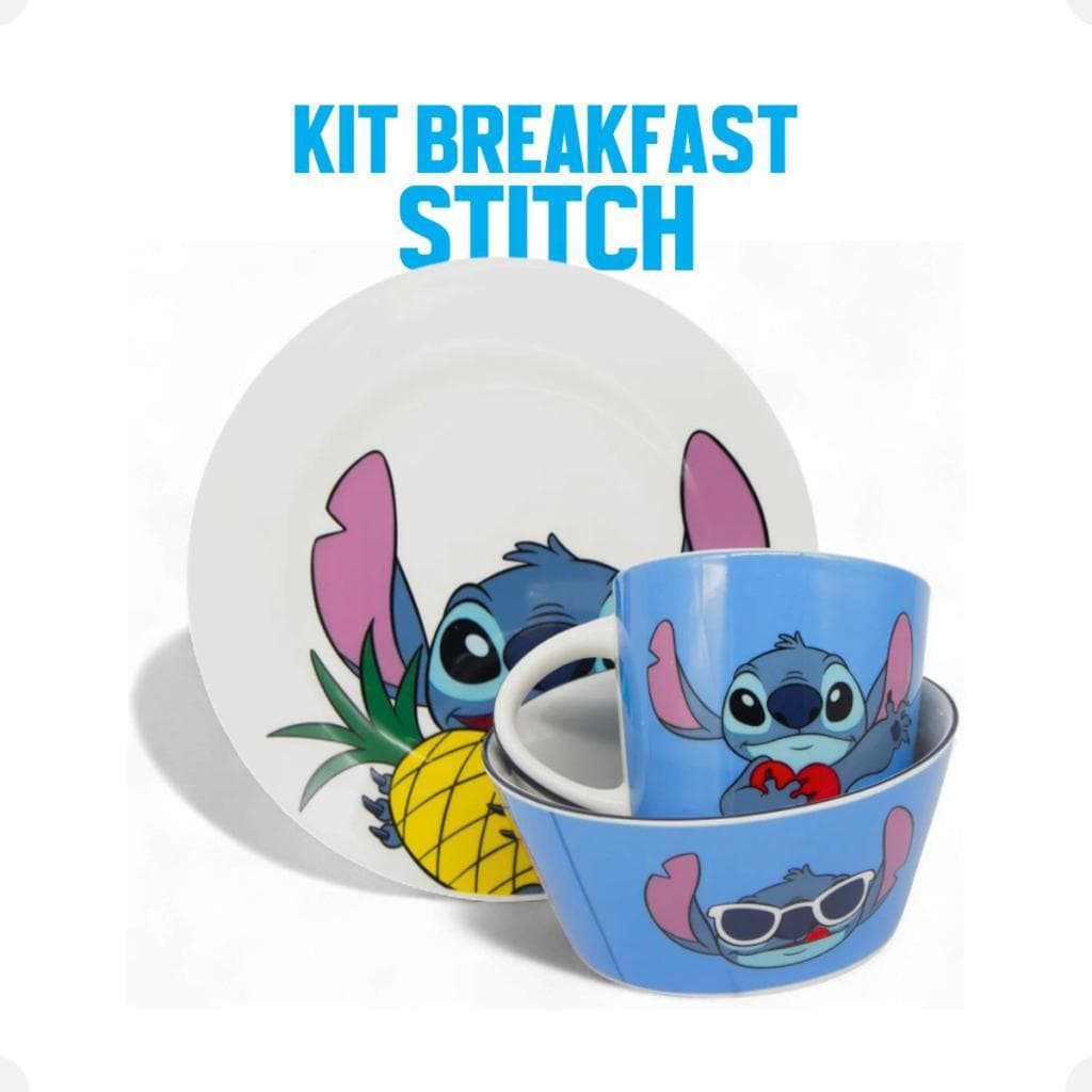 Conjunto De Café Da Manhã Stitch Caneca Bowl Prato Cerâmica Presente Criativo Disney E Geek