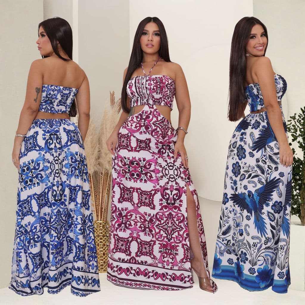 Vestido Longo femenino Estampado Verão, Lastex social tomara que cai.