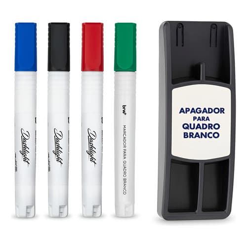 Kit 4 Marcadores Caneta P/ Quadro Branco + Apagador Magnético - 4 Cores Marcador Quadro branco