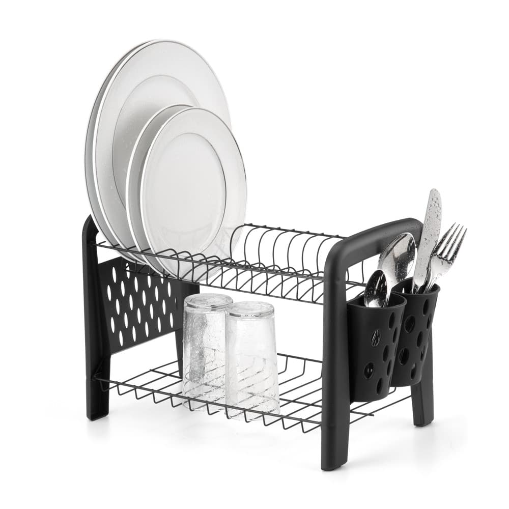 Escorredor De Louça Duplo 16 Pratos Porta Talher Preto Copos Preto