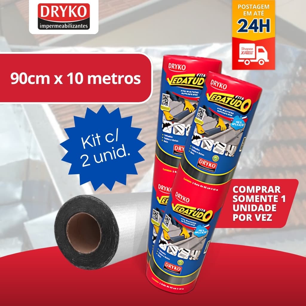Kit 2 Fita Manta asfáltica 90cm x 10m adesiva Aluminizada VEDATUDO - DRYKO