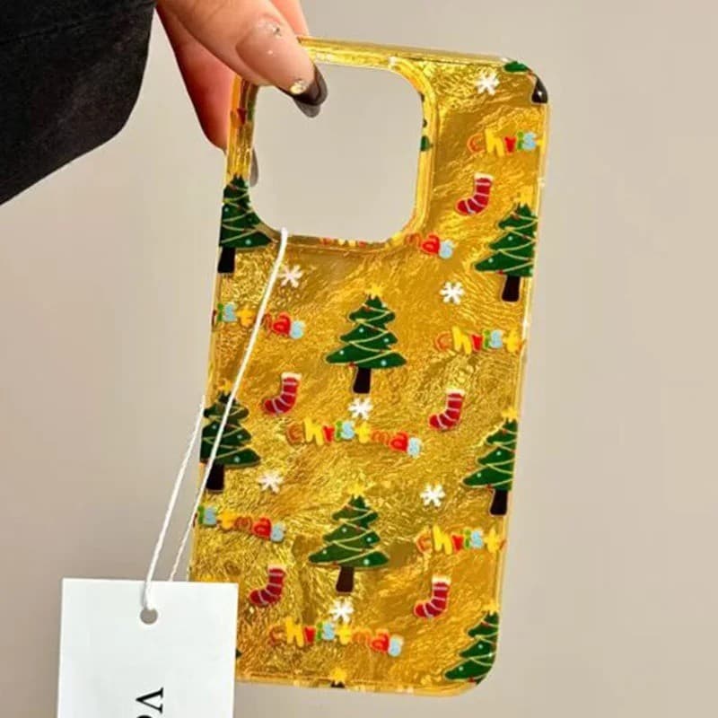 Capainha Para iPhone 17 Ar 16 15 14 Plus 13 12 11 Pro Max XR INS Ouro Árvore De Natal Silicone