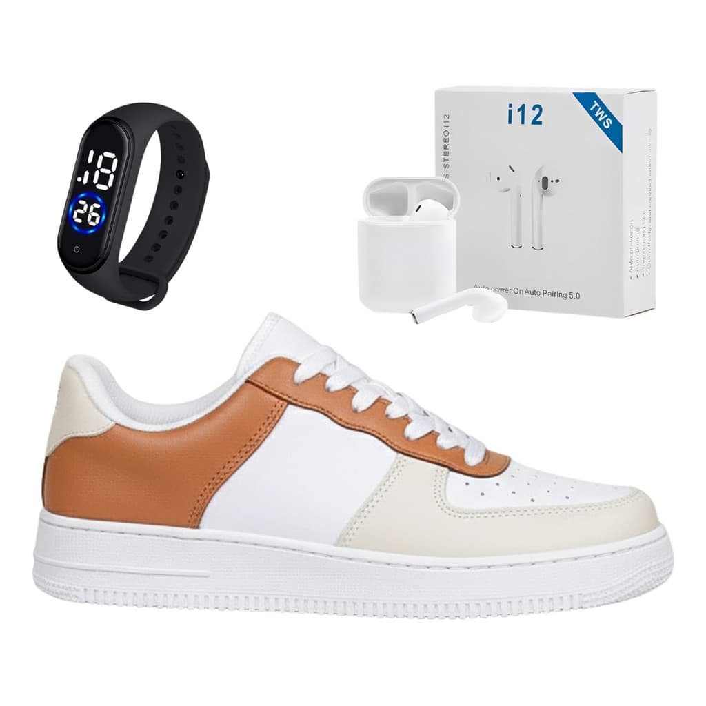 Tenis Feminino Sneaker Casual Academia Kit Relógio Led Fone Sem Fio