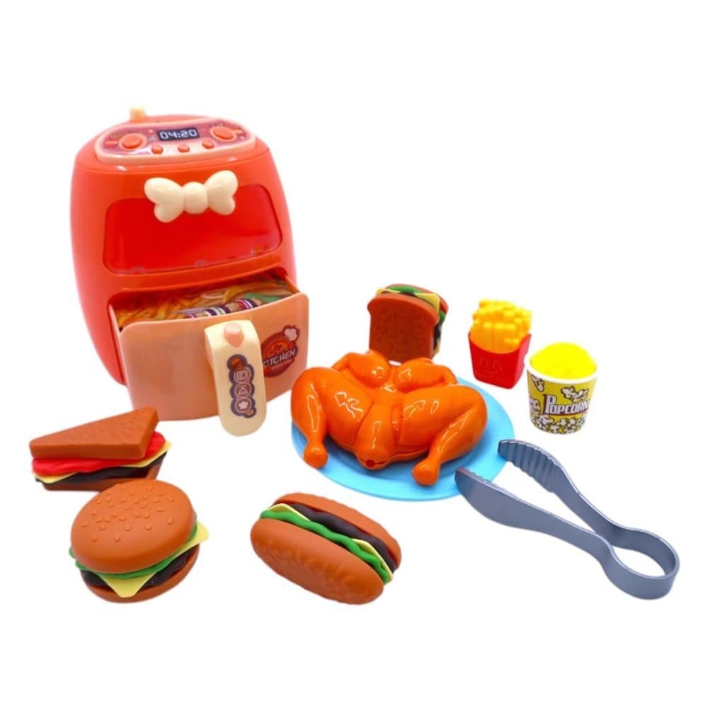 Conjunto Mini Fritadeira Air Fryer Infantil Luz LED Brinquedo Cozinha Acessorios