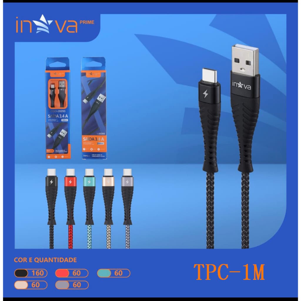 Cabo de Carregar Usb Para Celula V8 Android Type C iphone 1Metros Inova 3.4A Rápida