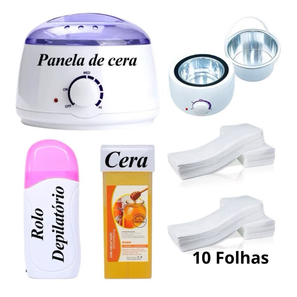 Kit Panela de Cera Quente + Aquecedor Rollon + Refil Cera Mel + 10 Folhas de Depilação