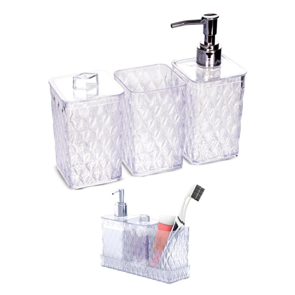Kit Banho Glamour Acrílico 4 Peças Cristal Luxo Lavabo Pia Banheiro Porta Sabonete Líquido Escova Algodão