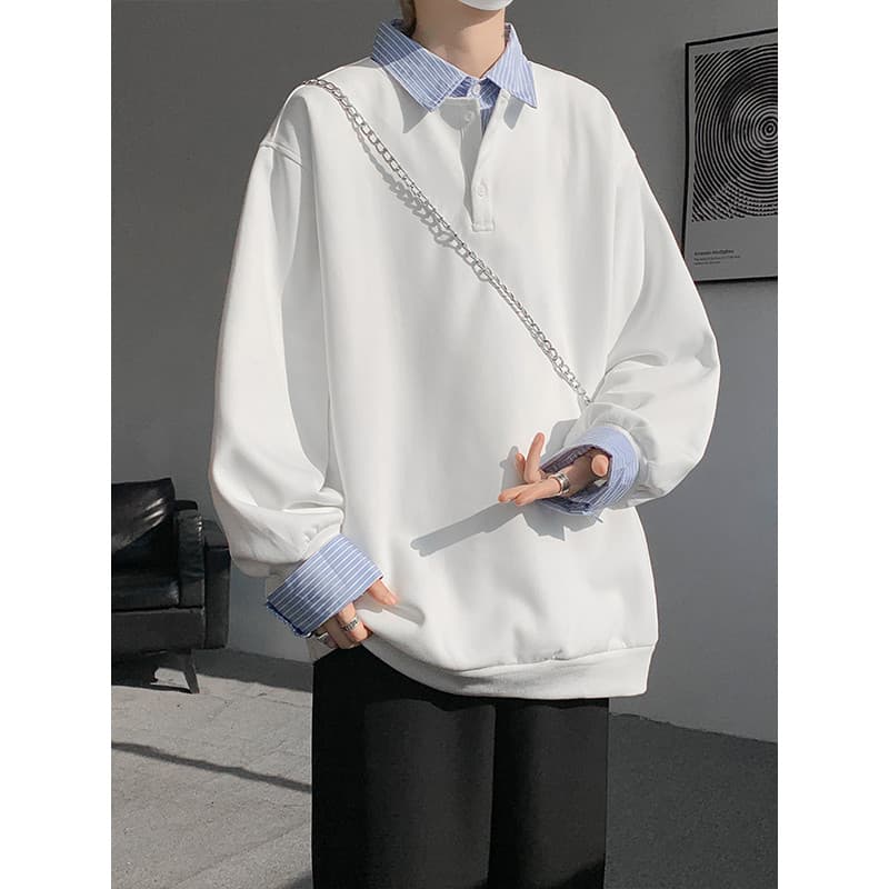 Japonês falso de duas peças retalhos moletom masculino primavera cityboy Street Wear bonito solto camisa pesada gola sup