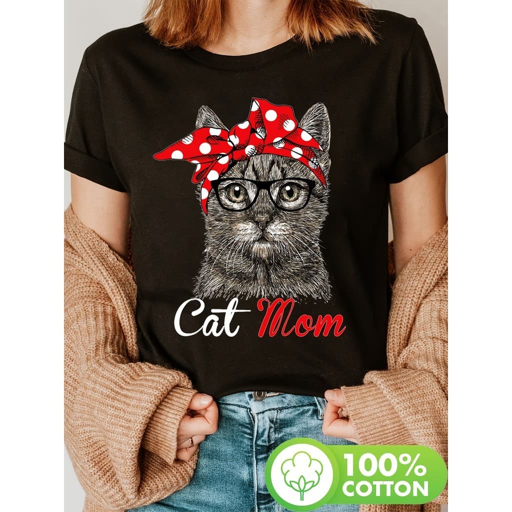 Linda Camiseta Feminina Cat Mom Gata Mãe Divertida Laço Bolinhas Estilosa Confortável Verão Premium 30.1 Algodão