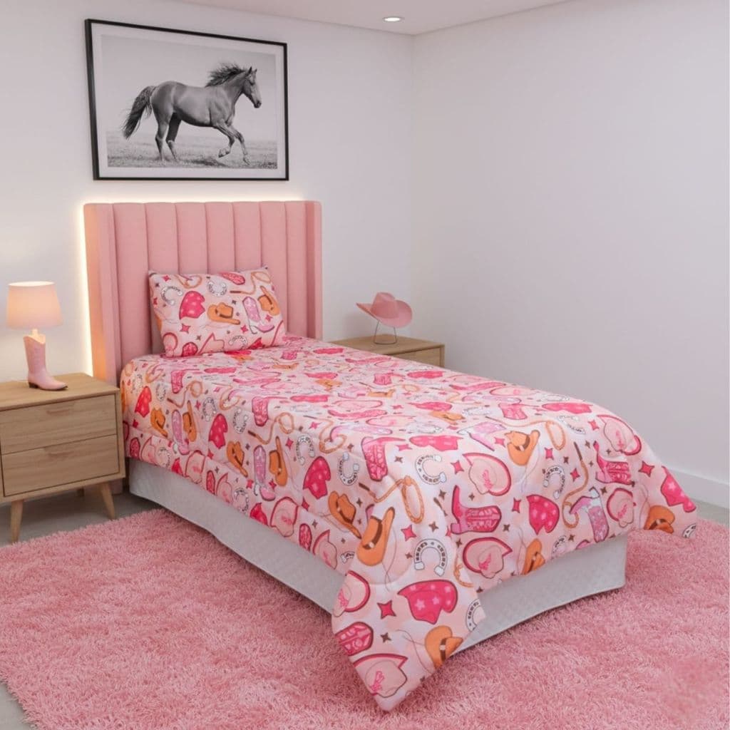 Edredom Solteiro Dupla Face + Fronha Estampa Digital - Boiadeira Cowgirl