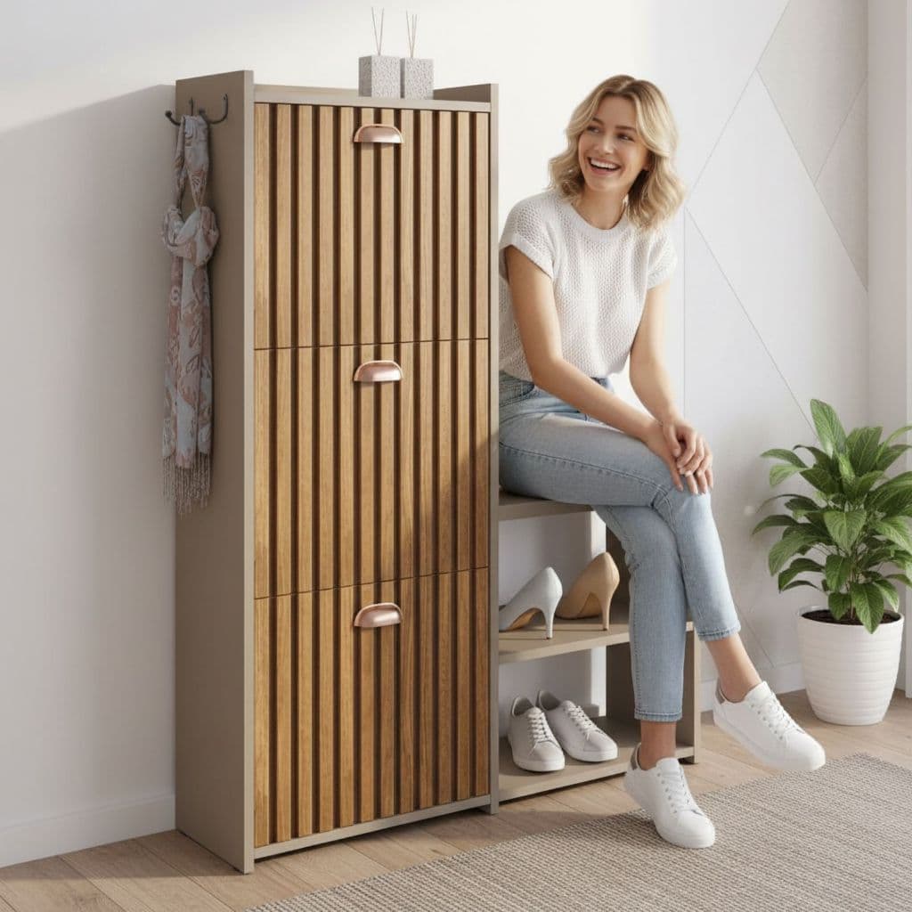 Sapateira DAKOTA 3 Portas com Banco e Kit Gancho Quarto Criança Adulto Porta Sapato - RPM
