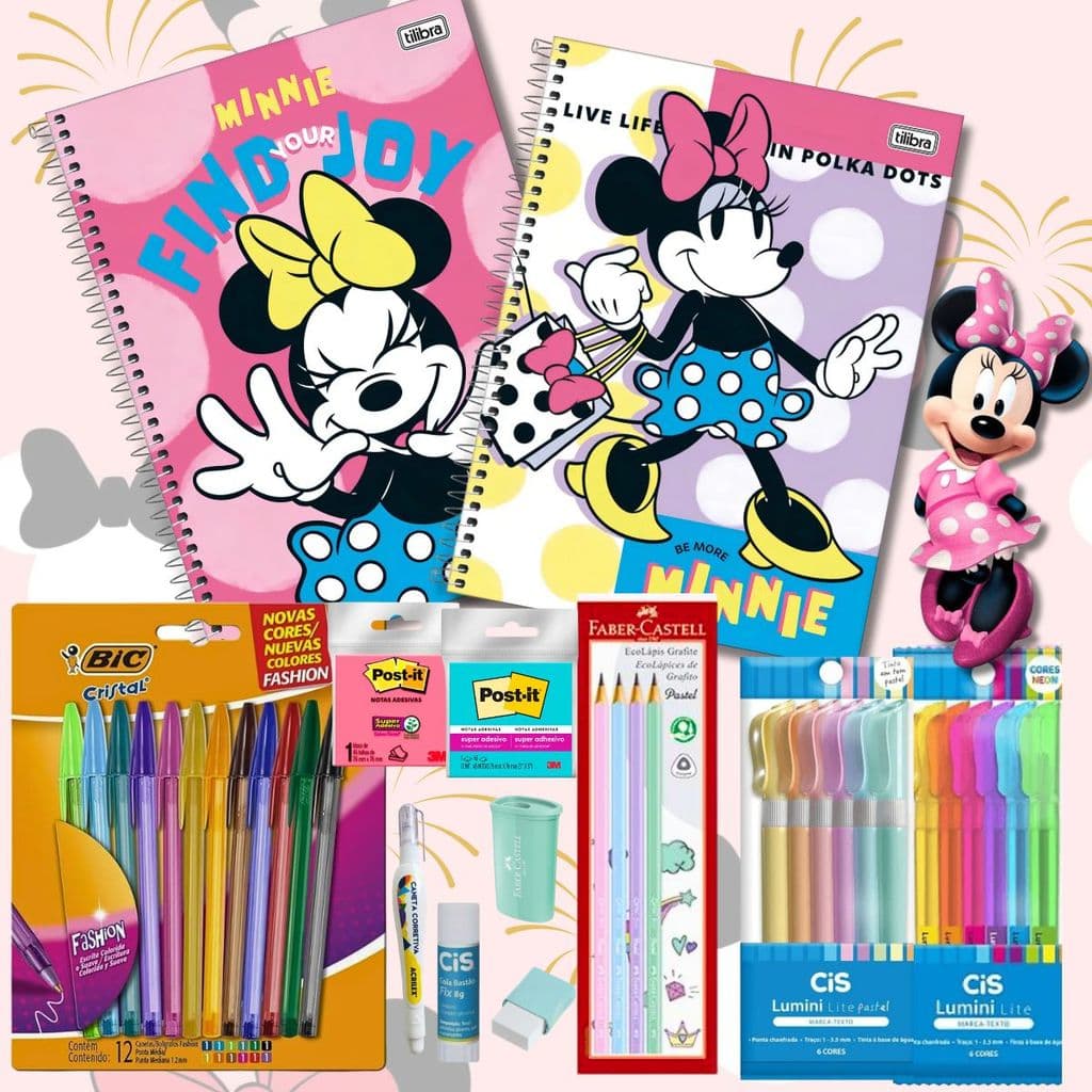 KIT CADERNO MINNIE 80FLS ITENS DE ESCRITA POST IT MARCA TEXTO ERROREX COLA BORRACHA APONTADOR LAPIS