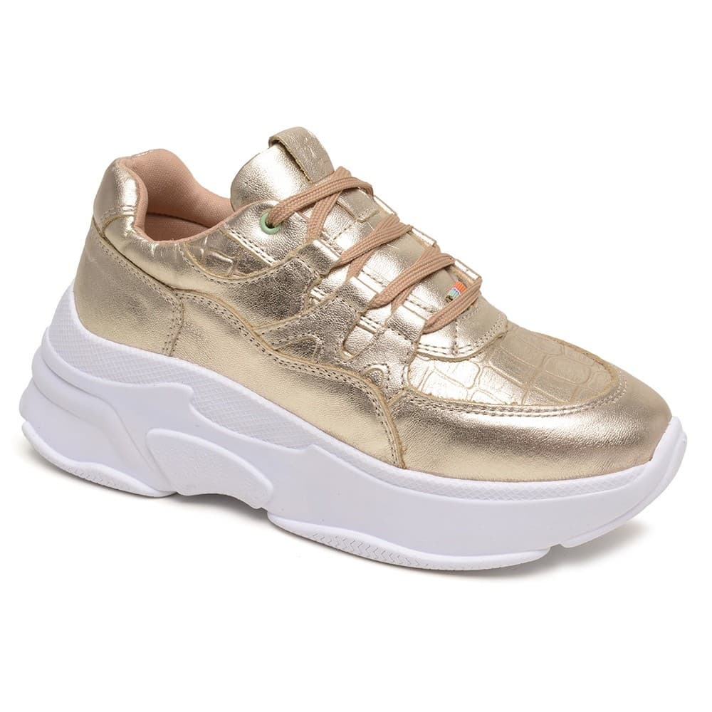 Tênis Feminino Dourado Metalizado Plataforma Conforto Leve