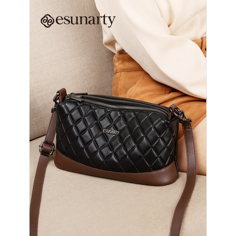 Bolsa mensageiro feminina multicamadas de couro genuíno genuíno 2025 novo estilo moda bolsa mãe diamante de grande capac