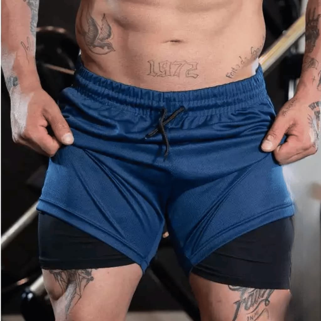 Bermuda 2 em 1 Masculina Azul com Bolso Secreto e Forro