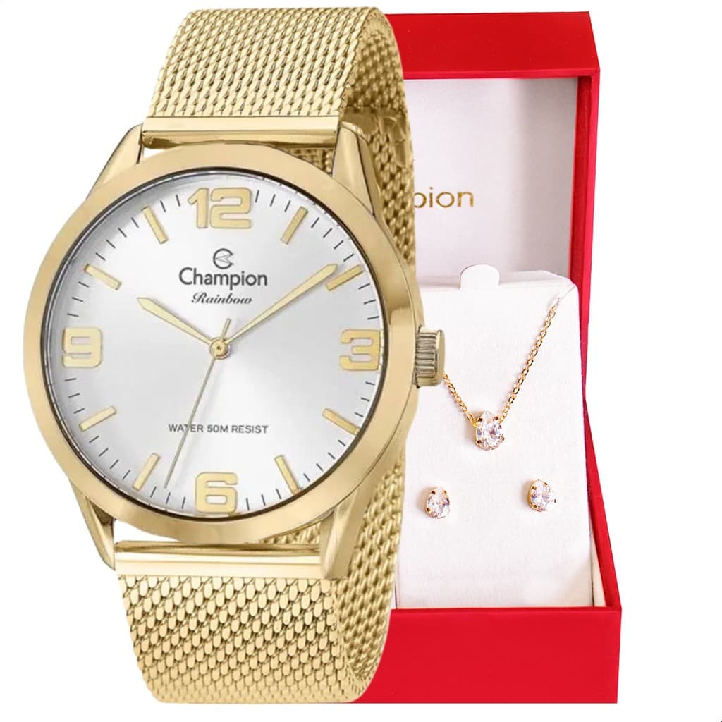 Relógio Champion Feminino Dourado Prova D´Agua + Conjunto Brincos e Cola CN29893L Relógio De Pulso Feminino