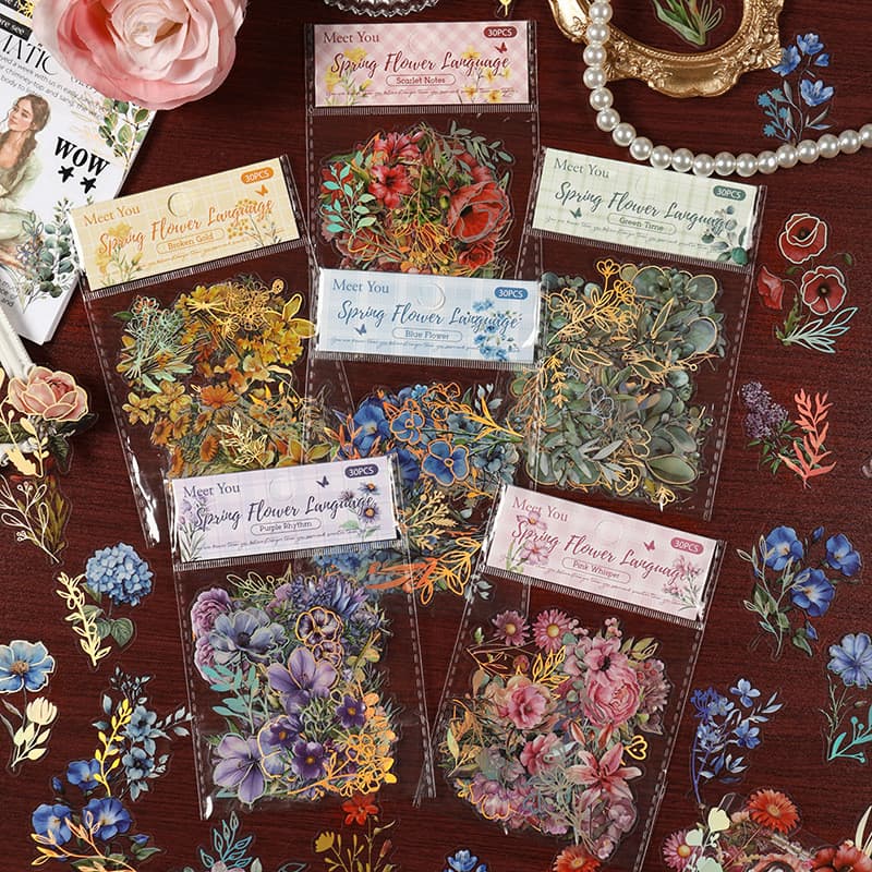 30 Peças Lindas Quatro Estações De Flores Série PET Adesivos Scrapbook Deco DIY
