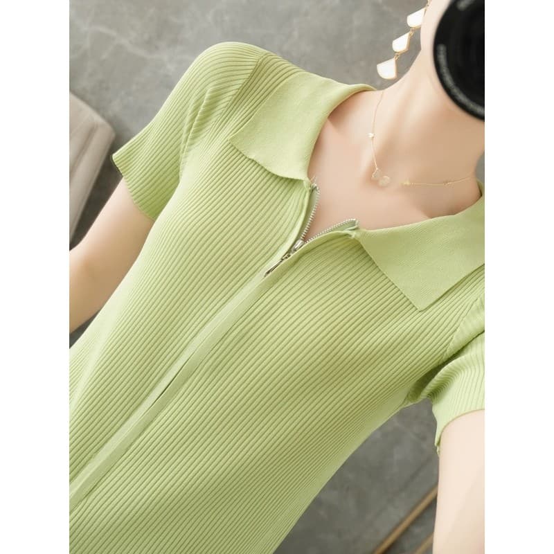 Malhas de seda gelo de manga curta feminina verão gola POLO zíper Cardigan camisa de fundo magro-ajuste camiseta fina me
