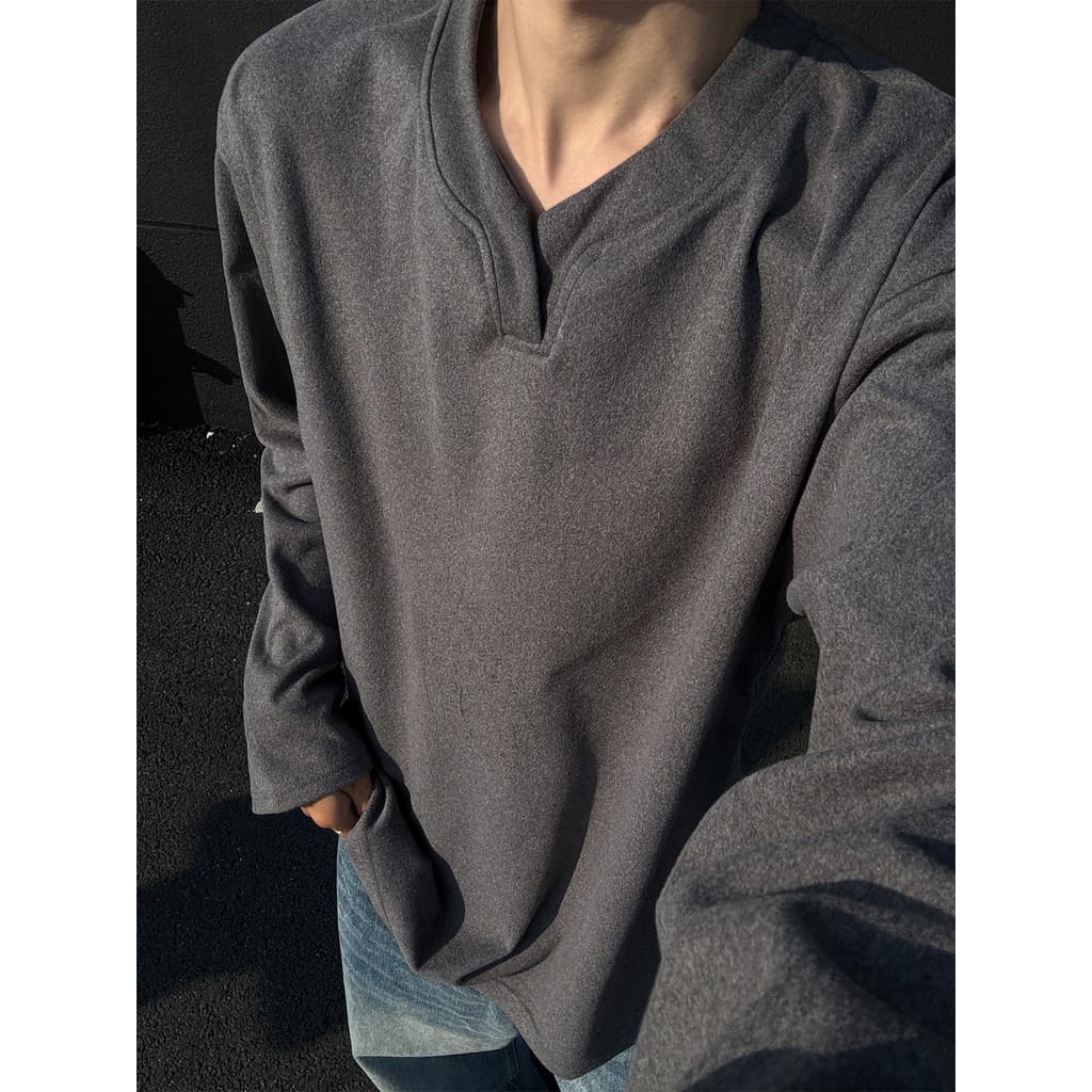 300g pesado alemão veludo com decote em V manga comprida camiseta masculina primavera topo cleanfit estilo americano cam