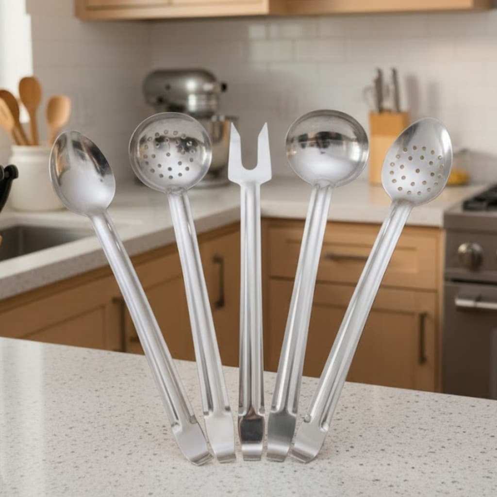 Conjunto Utensilios De Cozinha 5 Peças Aço Inox Tamanho Médio - 2x Colheres de Arroz 1x Garfo 1x Concha 1x Espumadeira