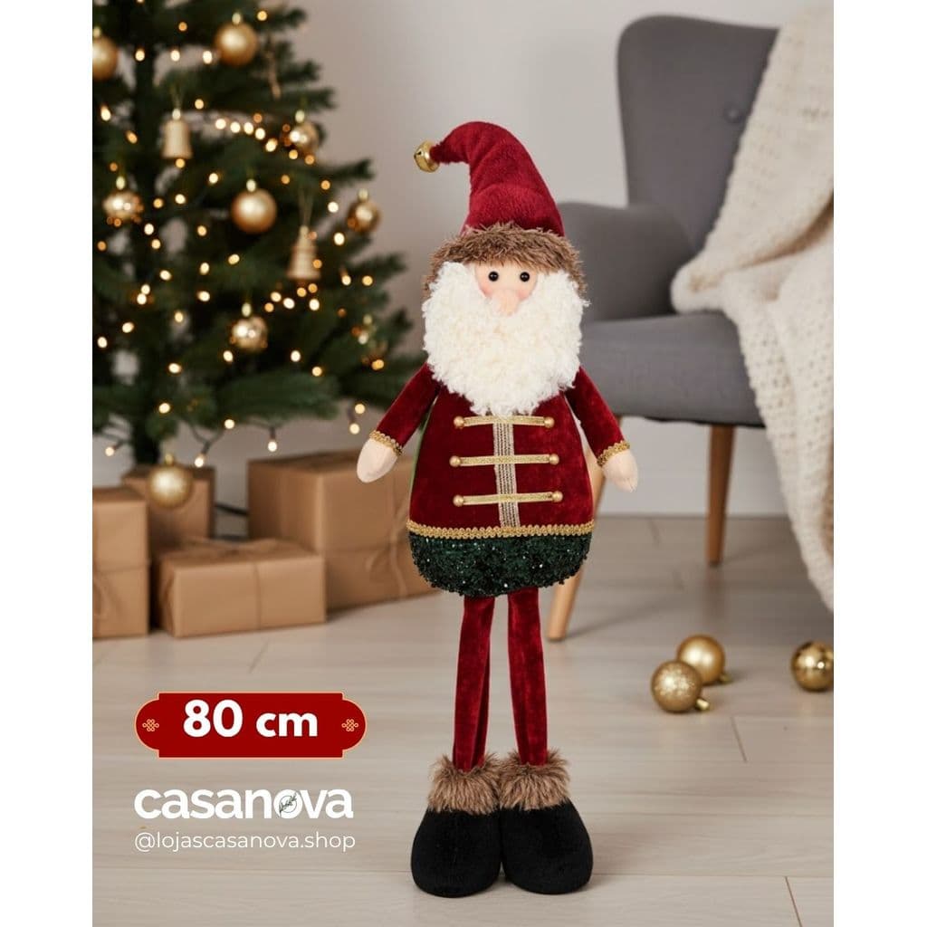 Papai Noel Luxo Veludo Vermelho 80cm Enfeite Natal com Pernas Ajustáveis – Decoração Natalina